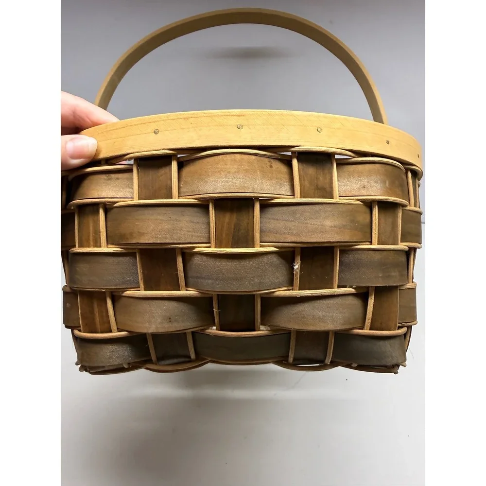 Hand Woven Wood Splint Basket with Handle Two Tone Brown Farmhouse Decor 13.5in
